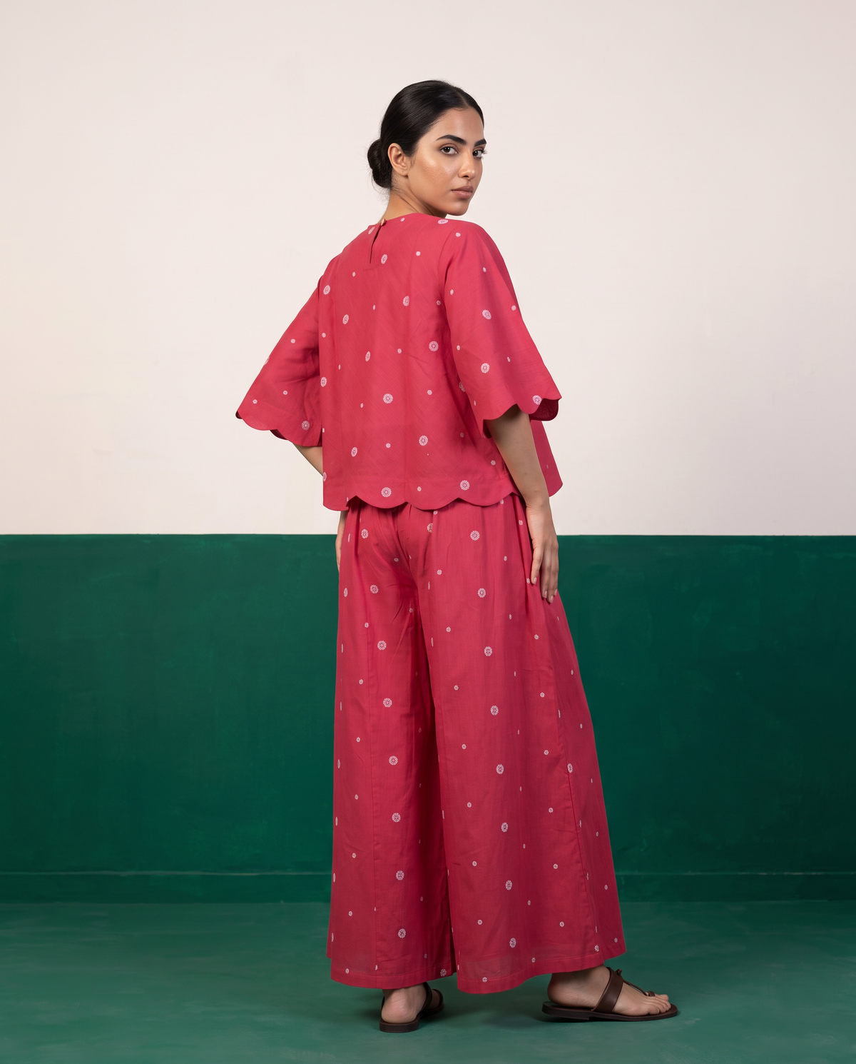 Raspberry Pink Printed Scalloped Top & Palazzo Set