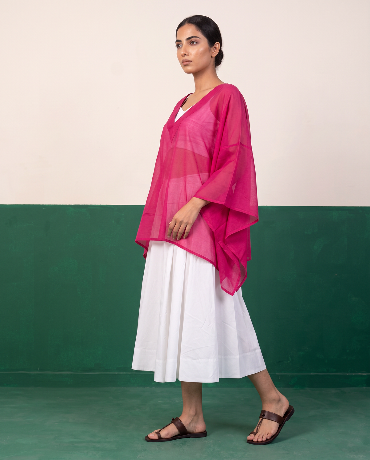 Sheer Magenta Kaftan Top & White Flared Midi Skirt Set