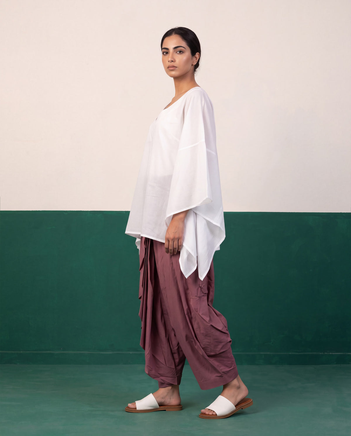 Ivory Mul Cotton Tunic & Mauve Dhoti Pants Set