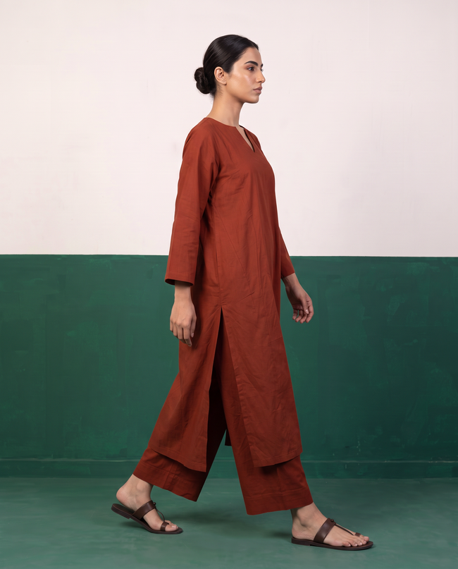 Rust Notch-Neck A-Line Kurta & Wide-Leg Pants Co-ord Set