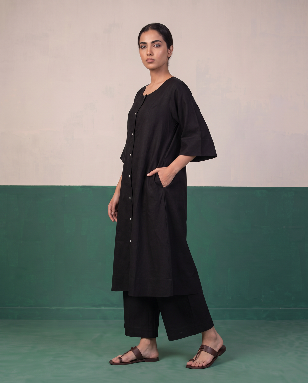 Black Button-Down A-Line Kurta & Wide-Leg Pants Co-ord Set
