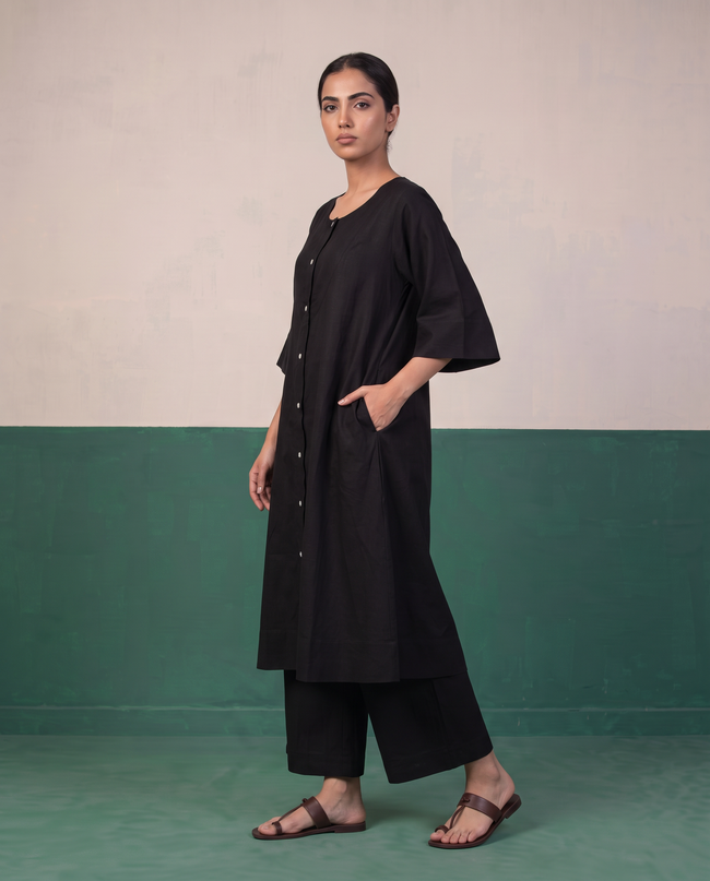 Black Button-Down A-Line Kurta & Wide-Leg Pants Co-ord Set