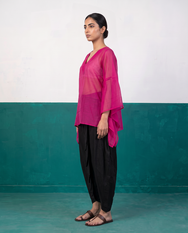 Fuchsia Sheer Cotton Kaftan Top & Black Dhoti Pants Set