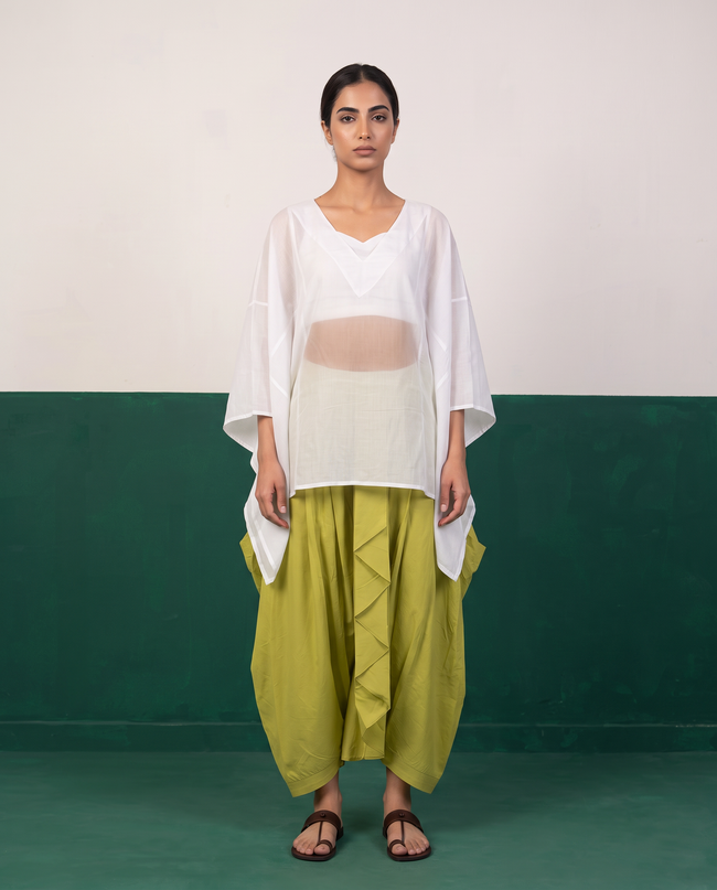 White Sheer Cotton Kaftan Top & Citron Dhoti Pants Set