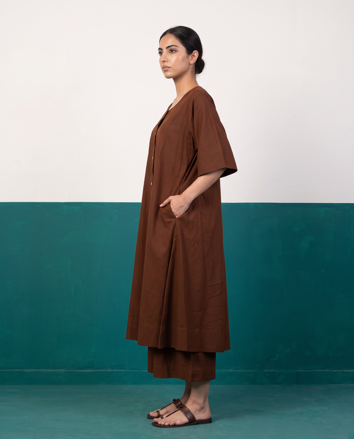 Chestnut Brown Button-Down A-Line Kurta & Wide-Leg Culotte Co-ord Set