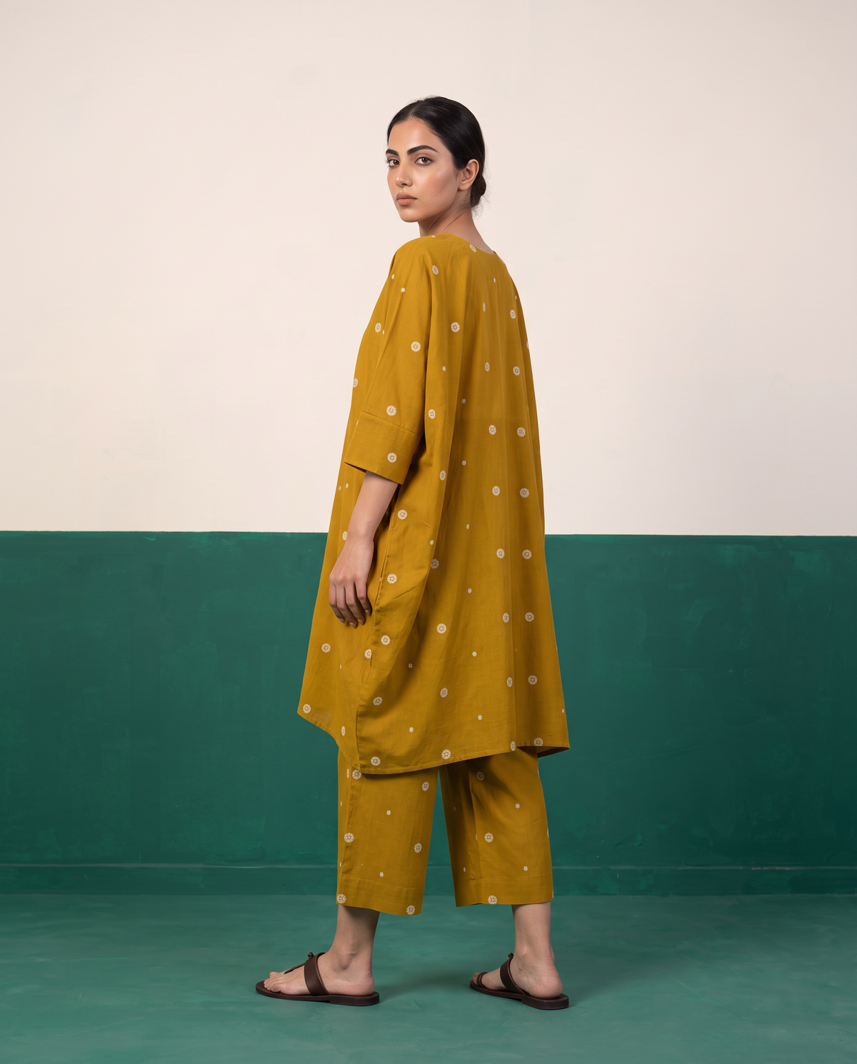 Mustard Floral Buti Kaftan Tunic & Wide-Leg Pants Co-ord Set