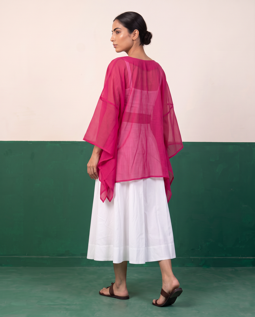 Sheer Magenta Kaftan Top & White Flared Midi Skirt Set
