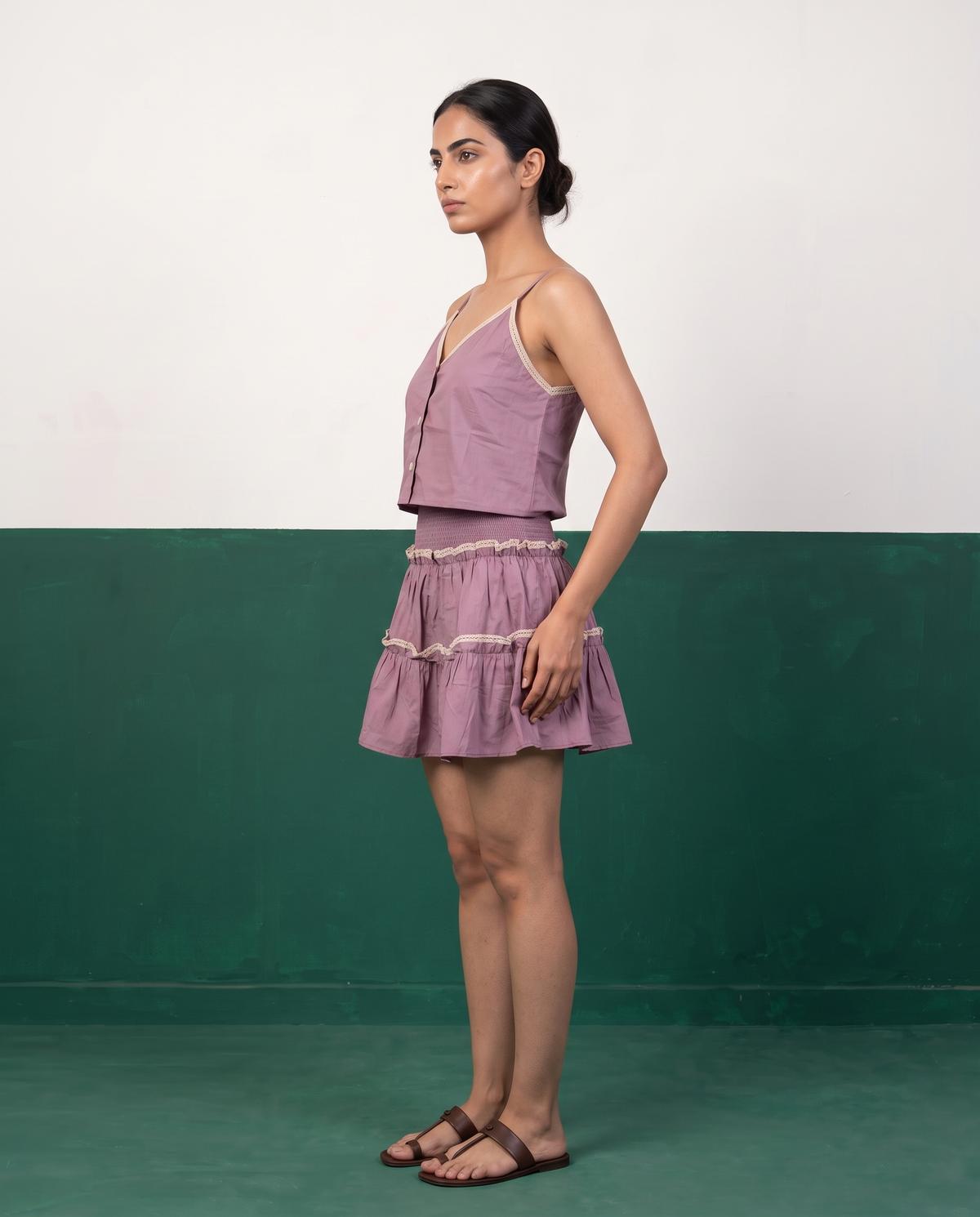 Mauve Cotton Camisole & Tiered Mini Skirt Set