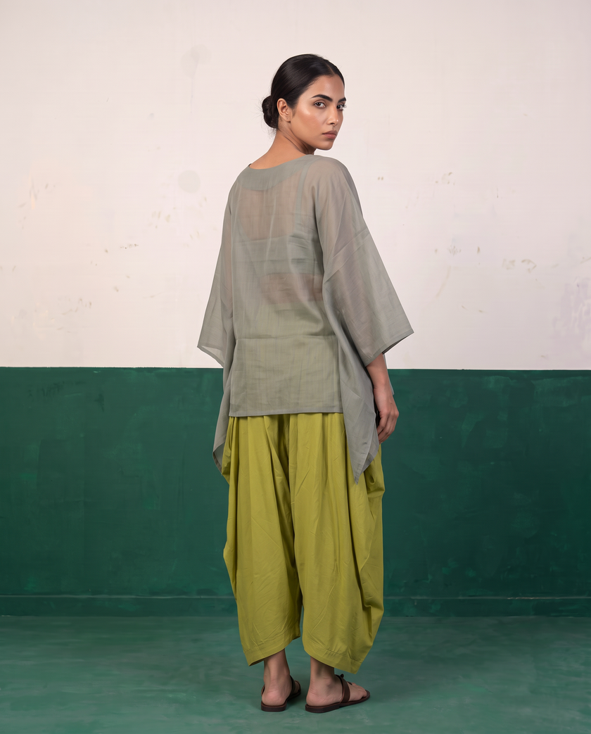 Sage Sheer Cotton Kaftan Top & Citron Dhoti Pants Set