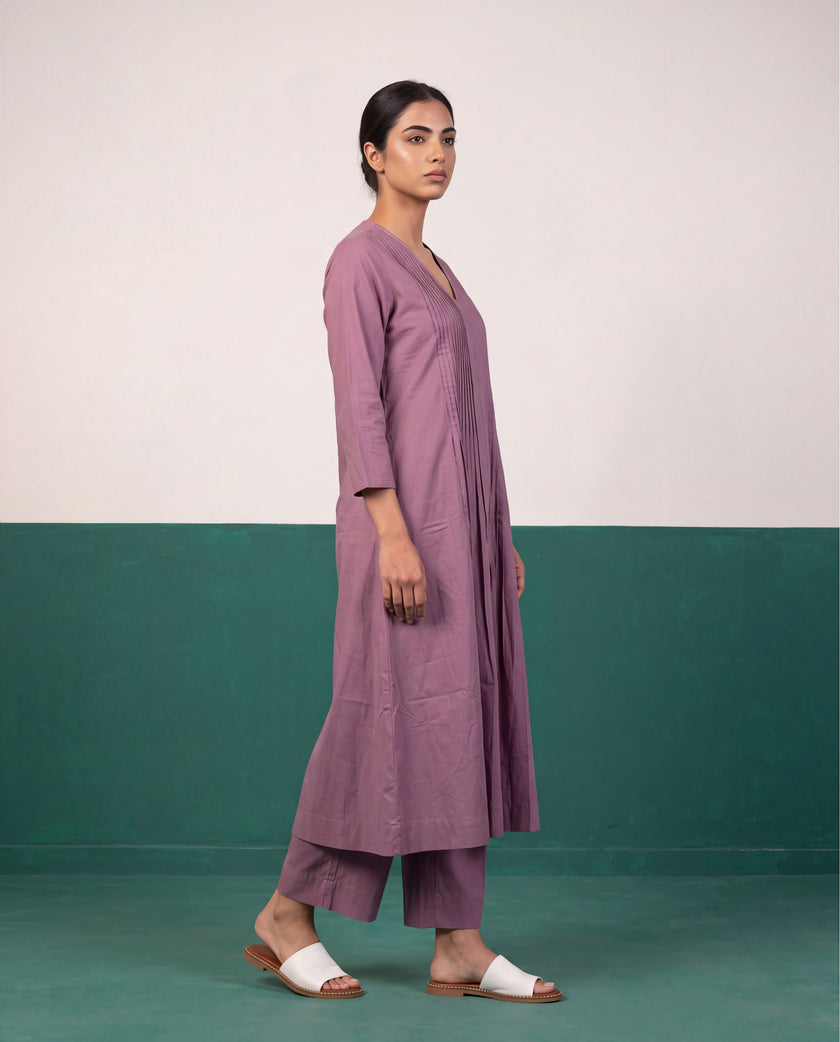 Mauve Pleated Pure Cotton Kurta Set