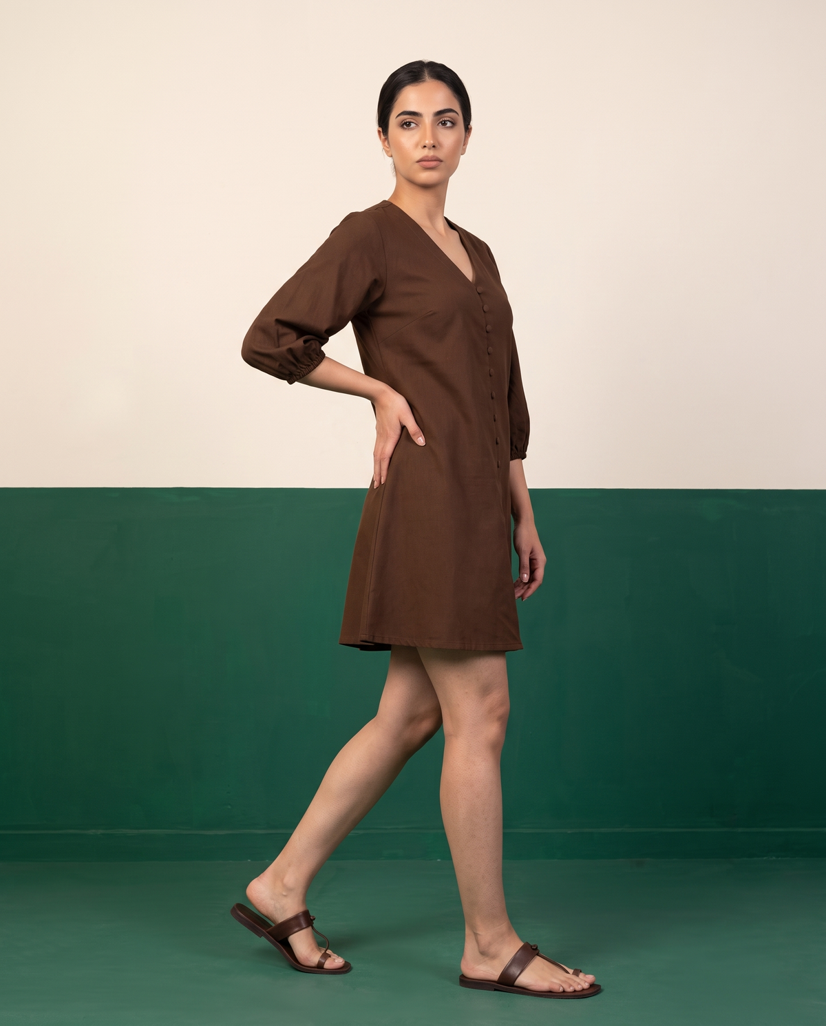 Chocolate Brown Button-Down Cotton Dress