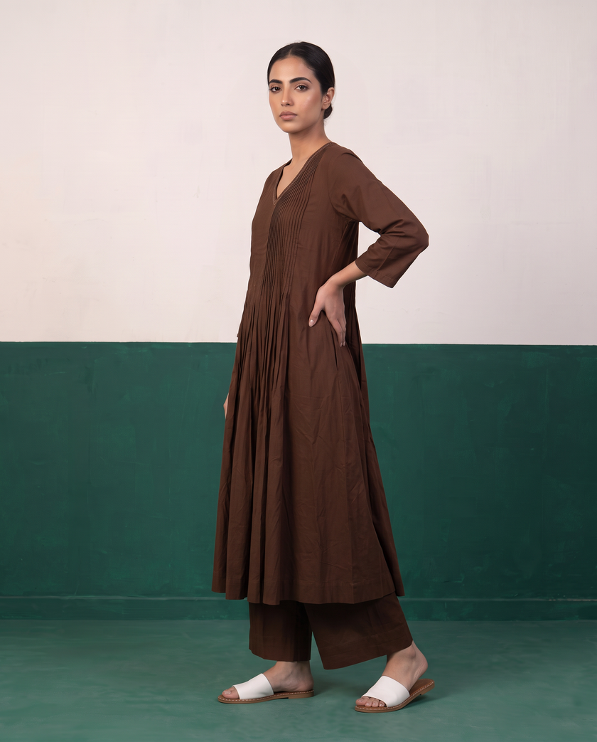 Chocolate Brown Pleated Pure Cotton Kurta Set