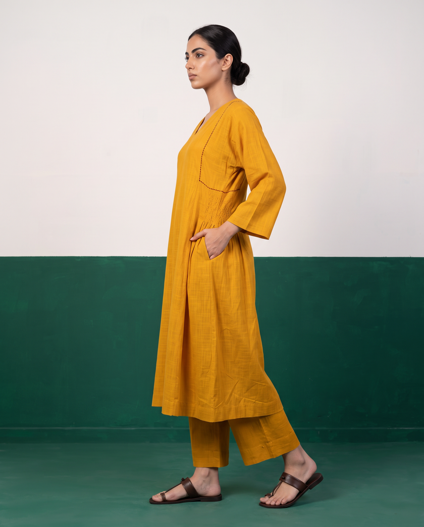 Mustard Yellow Cotton Kurta & Wide-Leg Pants Set