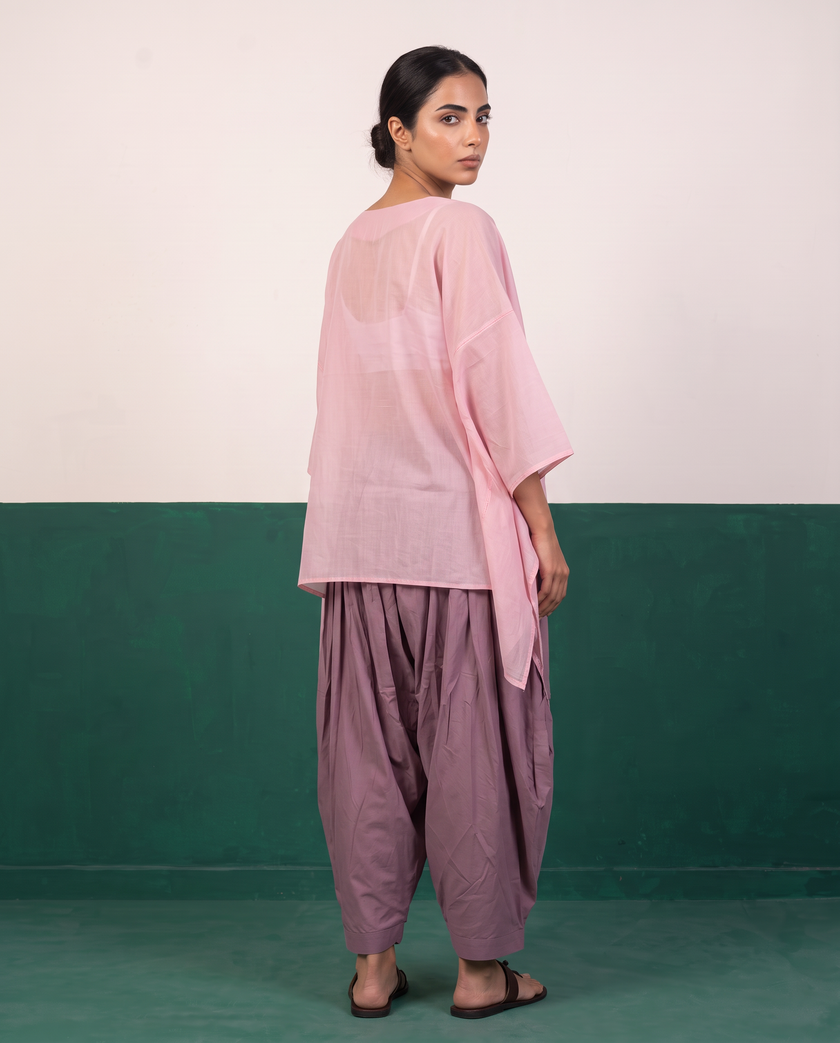 Pink Sheer Cotton Kaftan Top & Mauve Dhoti Pants Set