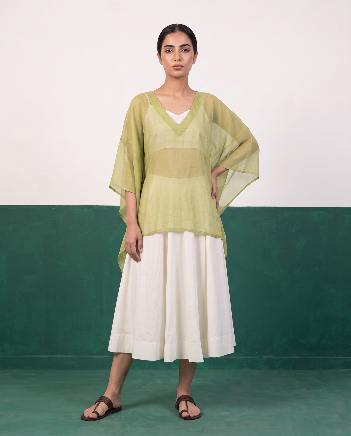 Sheer Pistachio Kaftan Top & Ivory Flared Midi Skirt Set