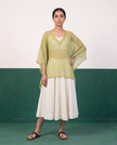 Sheer Pistachio Kaftan Top & Ivory Flared Midi Skirt Set