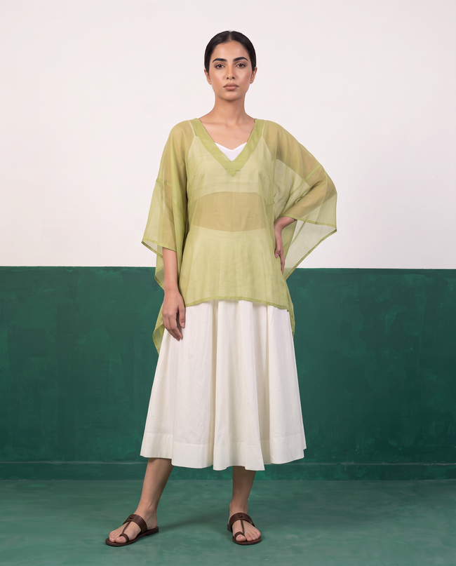 Sheer Pistachio Kaftan Top & Ivory Flared Midi Skirt Set
