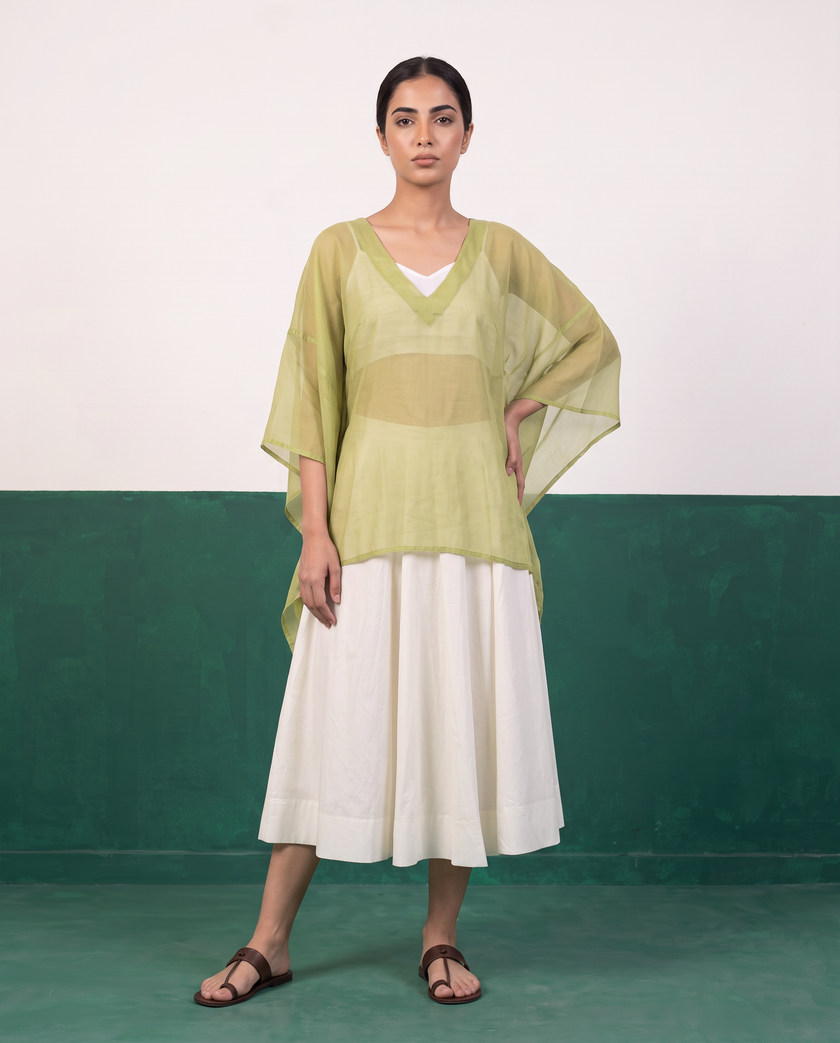 Sheer Pistachio Kaftan Top & Ivory Flared Midi Skirt Set