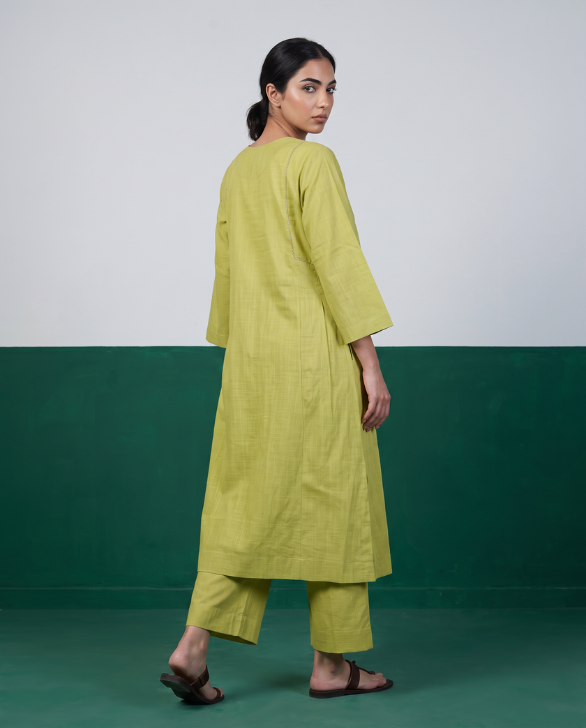 Lime Green Cotton Kurta & Wide-Leg Pants Set