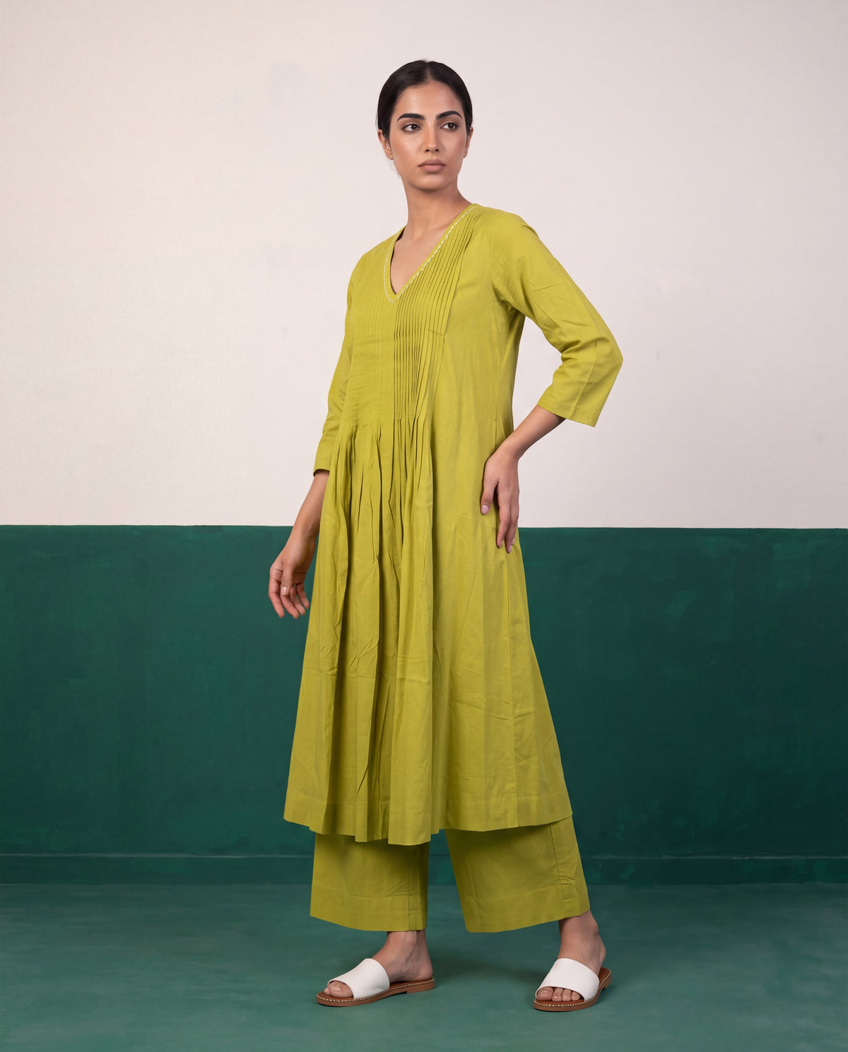 Olive Green Pleated Pure Cotton Kurta Set