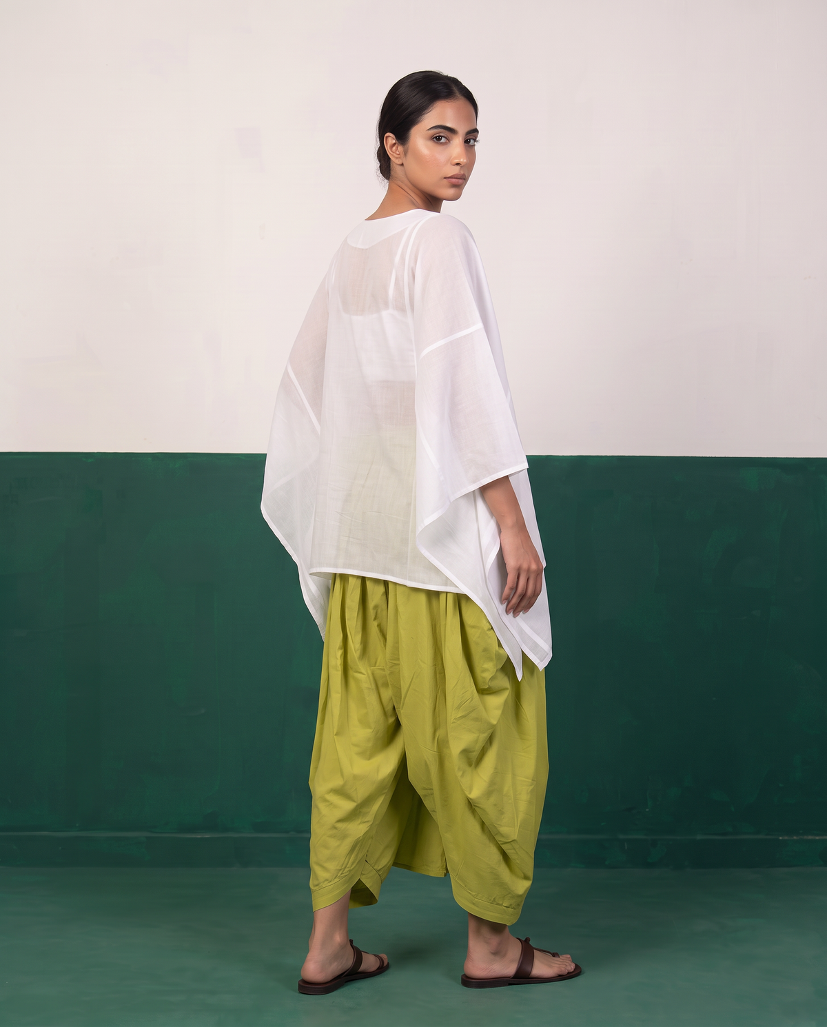 White Sheer Cotton Kaftan Top & Citron Dhoti Pants Set