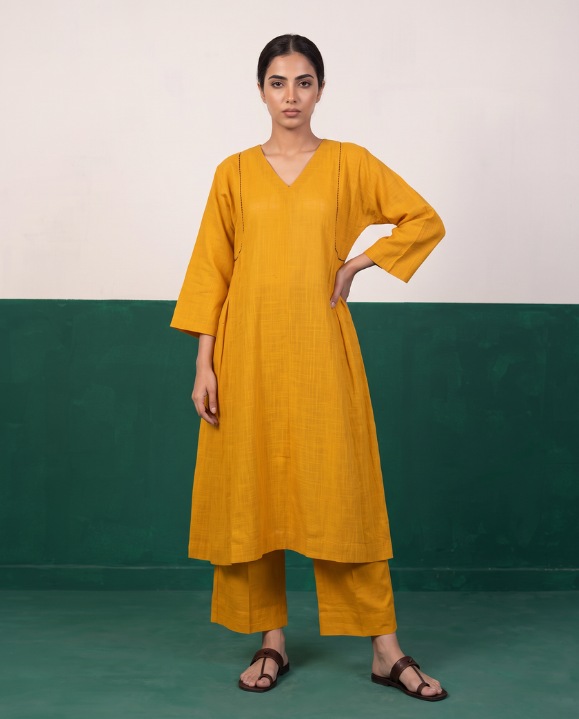 Mustard Yellow Cotton Kurta & Wide-Leg Pants Set