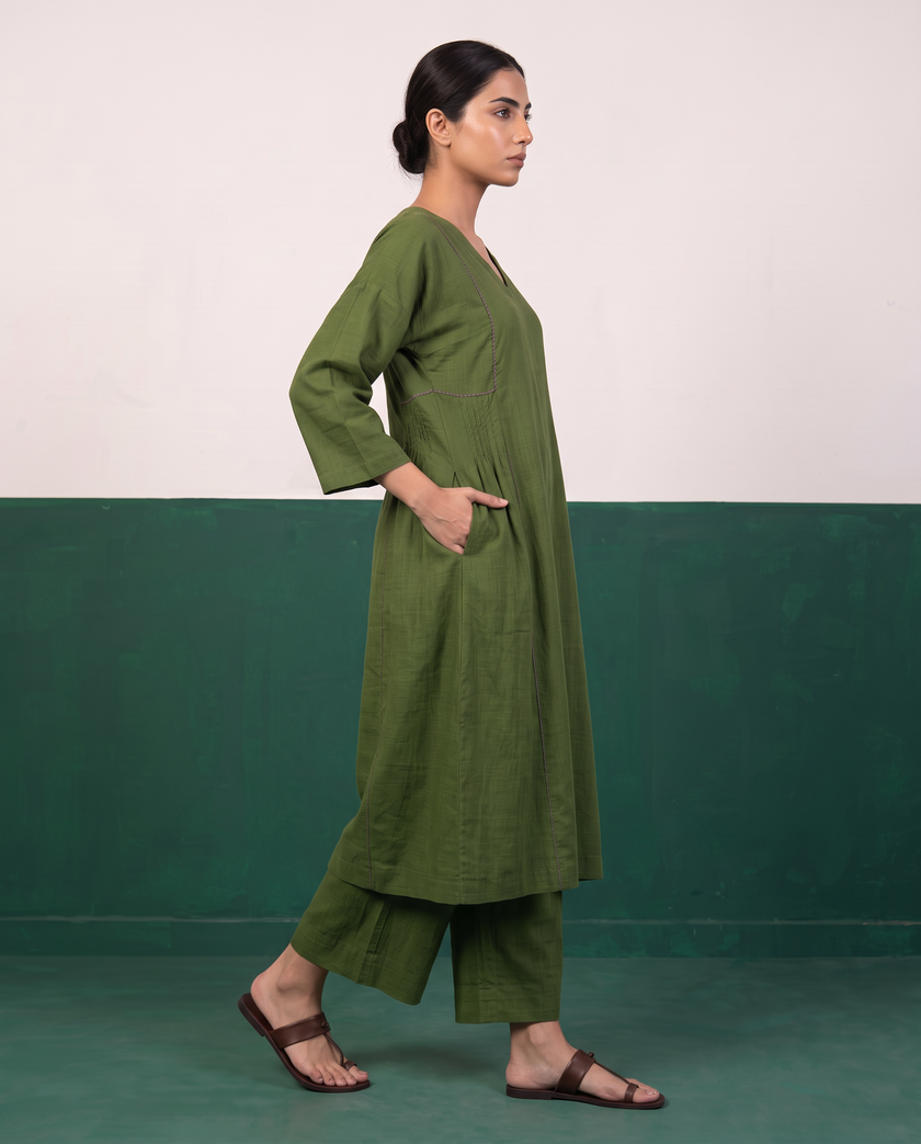 Olive Green Cotton Kurta & Wide-Leg Pants Set