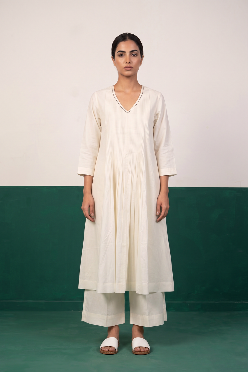 Ivory Pleated Pure Cotton Kurta Set