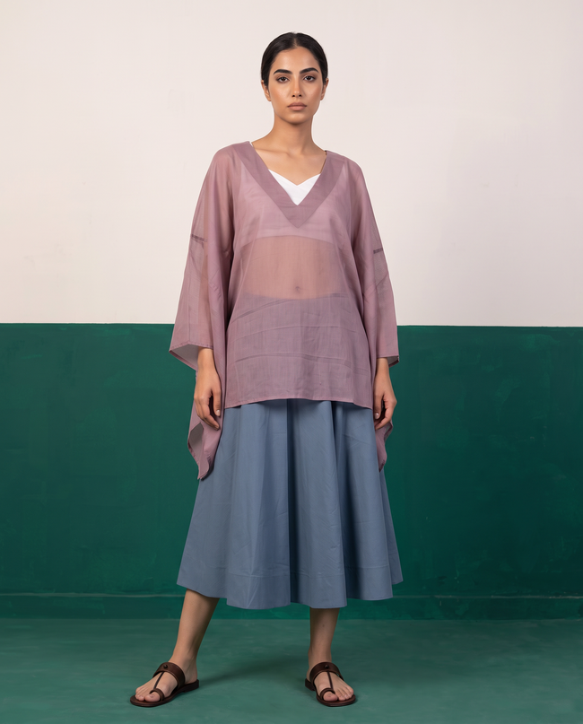 Sheer Mauve Kaftan Top & Dusty Blue Flared Midi Skirt Set