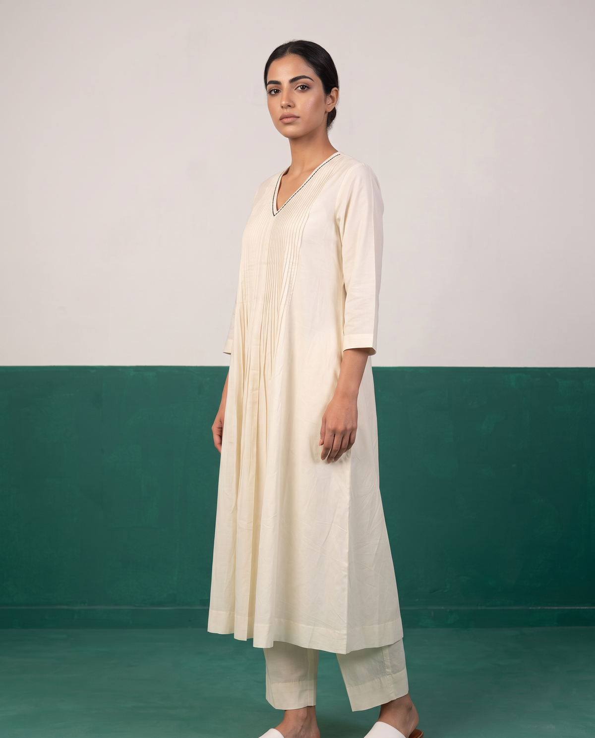 Ivory Pleated Pure Cotton Kurta Set