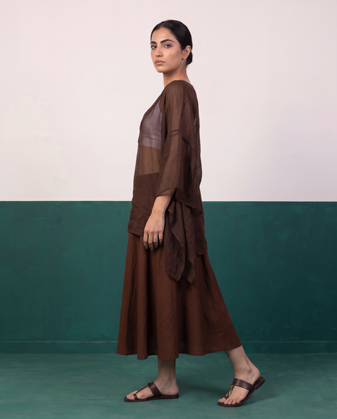 Chocolate Brown Sheer Kaftan Top & Flared Midi Skirt Set