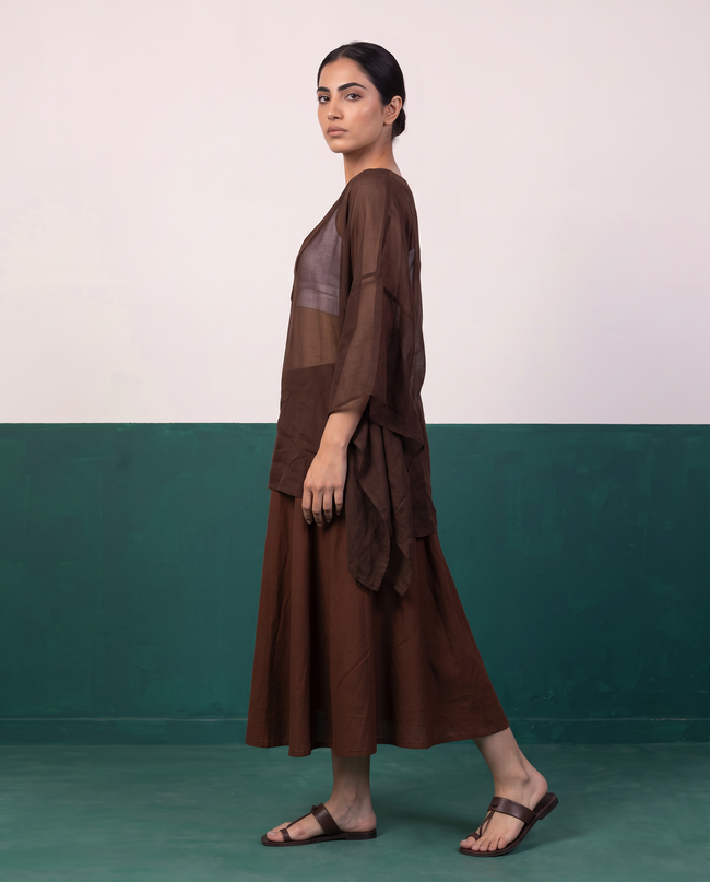 Chocolate Brown Sheer Kaftan Top & Flared Midi Skirt Set