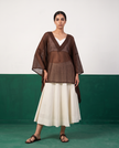 Sheer Chocolate Kaftan Top & Ivory Flared Midi Skirt Set