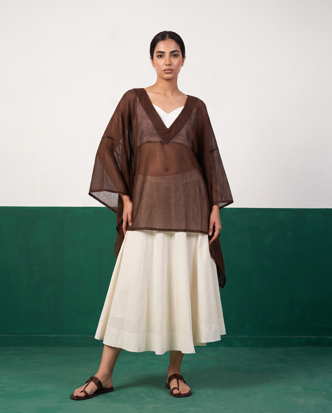 Sheer Chocolate Kaftan Top & Ivory Flared Midi Skirt Set