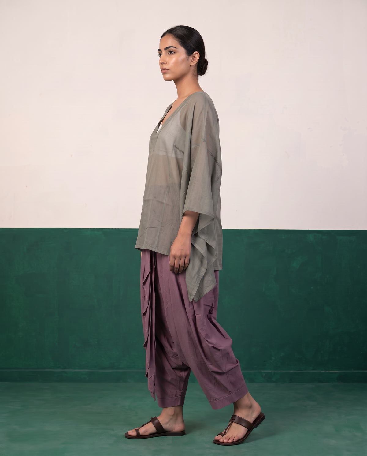 Sage Sheer Cotton Kaftan Top & Mauve Dhoti Pants Set