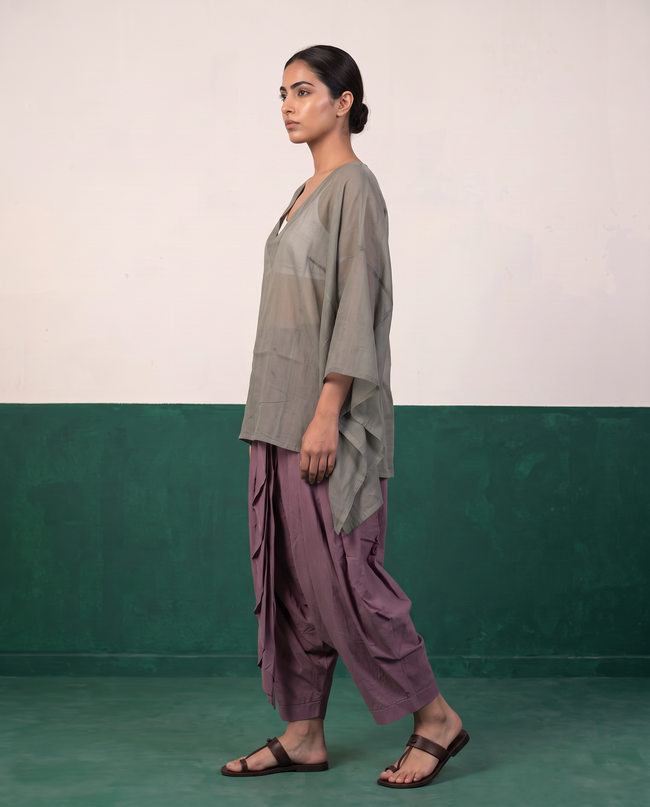 Sage Sheer Cotton Kaftan Top & Mauve Dhoti Pants Set