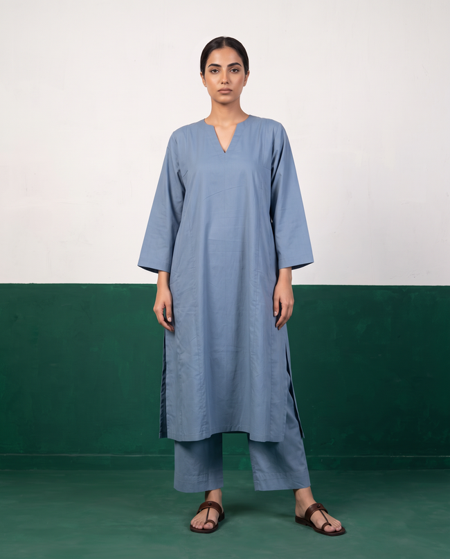 Dusty Blue Notch-Neck Kurta & Wide-Leg Pants Co-ord Set