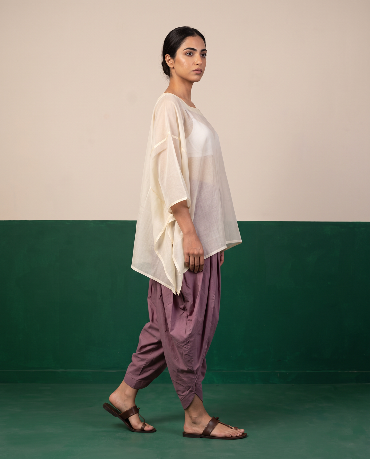 Ivory Sheer Cotton Kaftan Top & Mauve Dhoti Pants Set