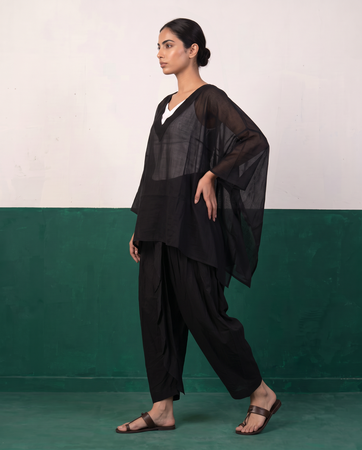 Black Sheer Cotton Kaftan Top & Draped Dhoti Pants Set