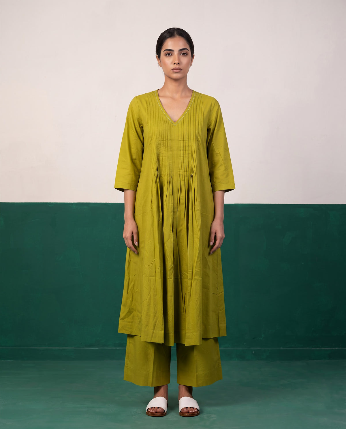 Olive Green Pleated Pure Cotton Kurta Set