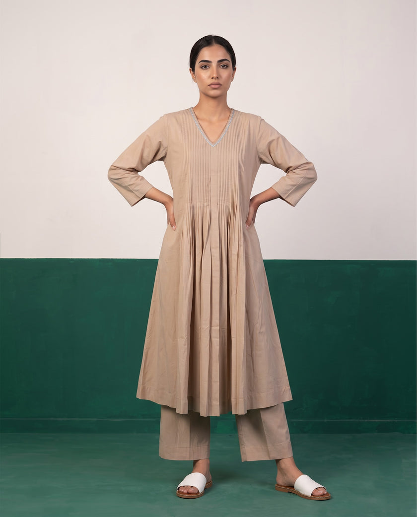 Sand Beige Pleated Pure Cotton Kurta Set