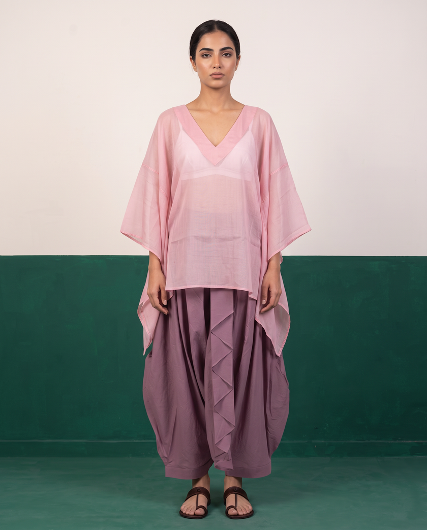 Pink Sheer Cotton Kaftan Top & Mauve Dhoti Pants Set