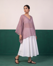 Sheer Mauve Kaftan Top & White Flared Midi Skirt Set
