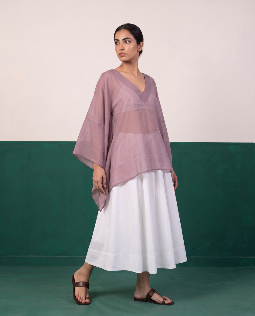 Sheer Mauve Kaftan Top & White Flared Midi Skirt Set