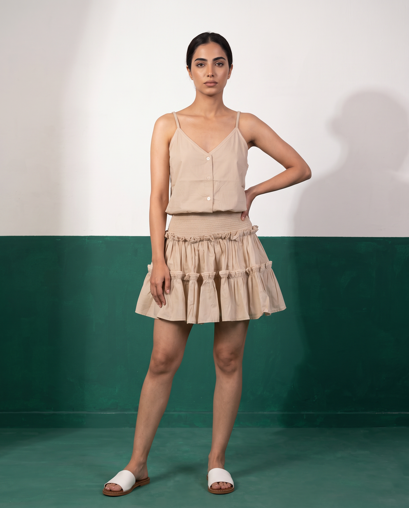 Sand Beige Cotton Camisole & Tiered Mini Skirt Set