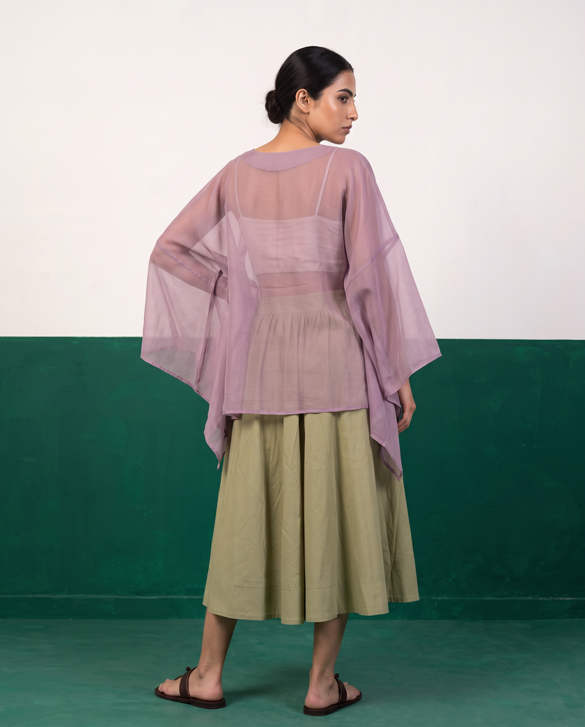 Sheer Mauve Kaftan Top & Khaki Flared Midi Skirt Set