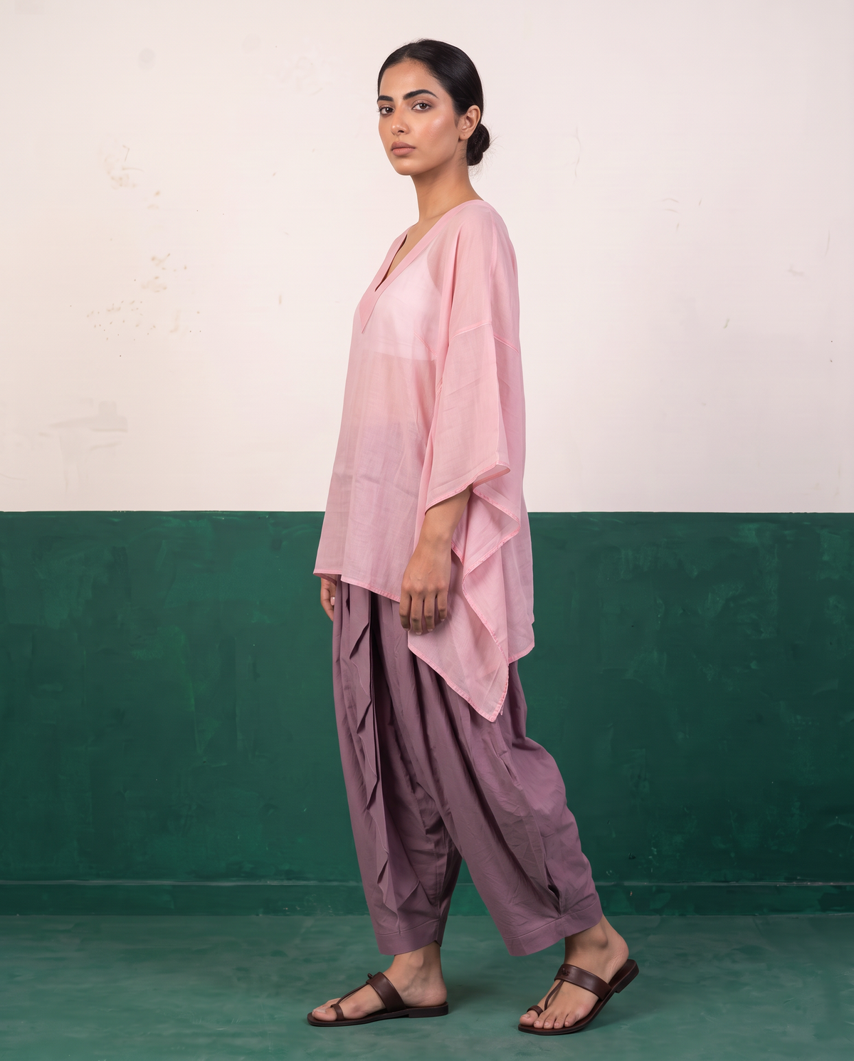 Pink Sheer Cotton Kaftan Top & Mauve Dhoti Pants Set