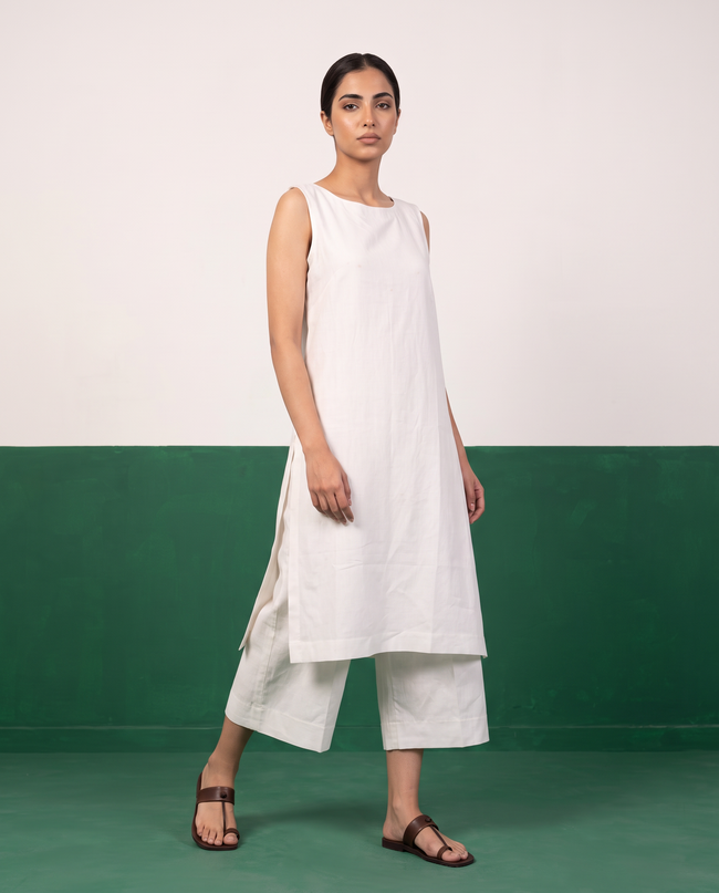 White Sleeveless Longline Tunic & Culotte Pants Co-ord Set