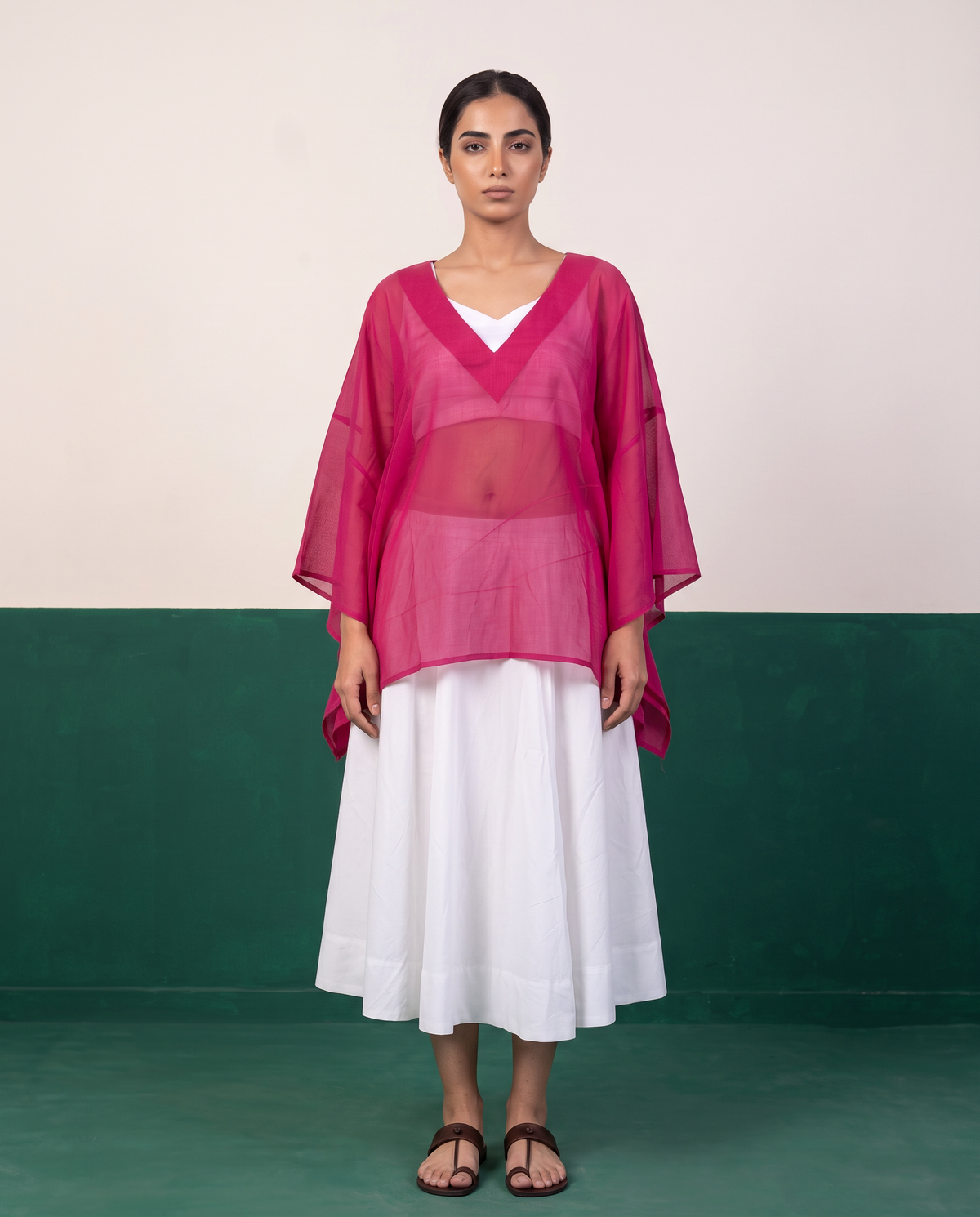 Sheer Magenta Kaftan Top & White Flared Midi Skirt Set