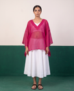 Sheer Magenta Kaftan Top & White Flared Midi Skirt Set